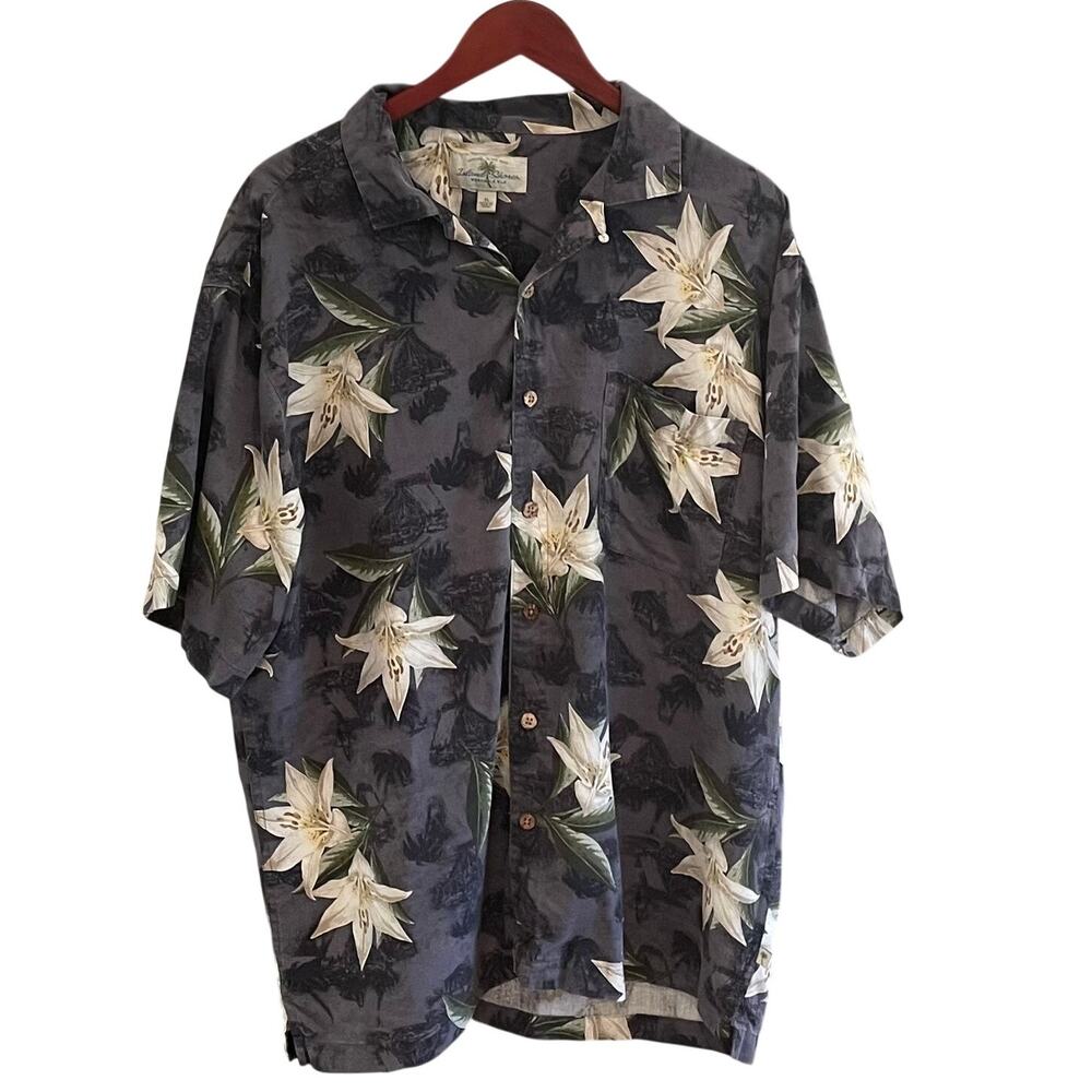Island Shores Silk Gray Floral Camp Shirt / Hawaiian Shirt, Resortwear, Size XL